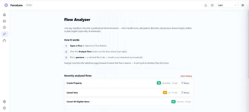 ForceLens Flow analysis with health score and expert lens findings