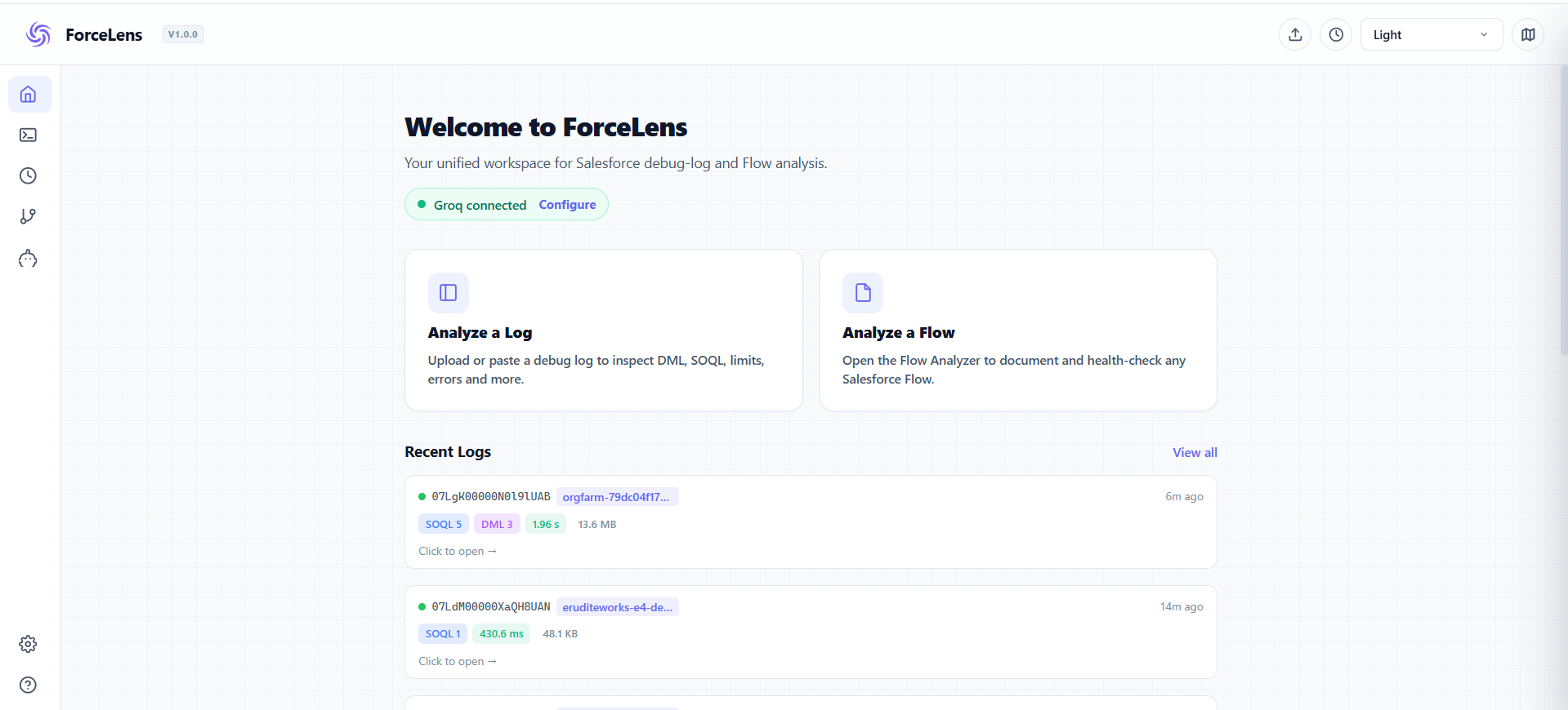ForceLens Workspace Home Dashboard
