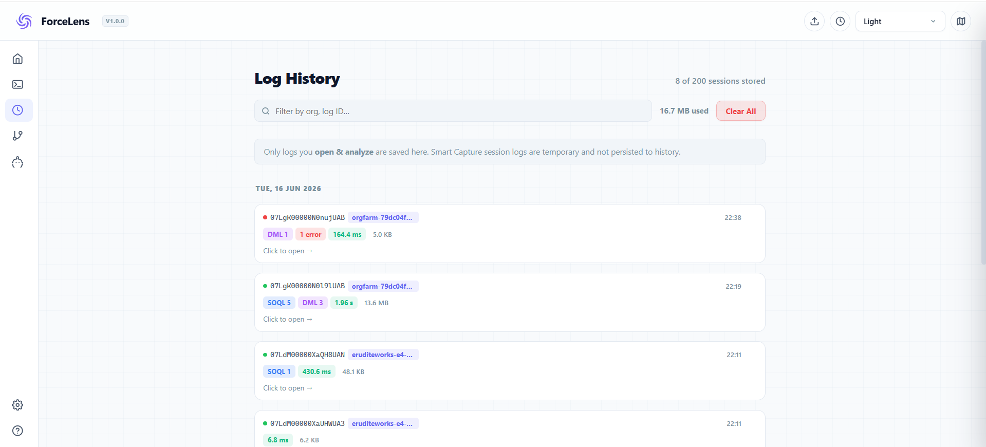 ForceLens Log History — locally stored sessions