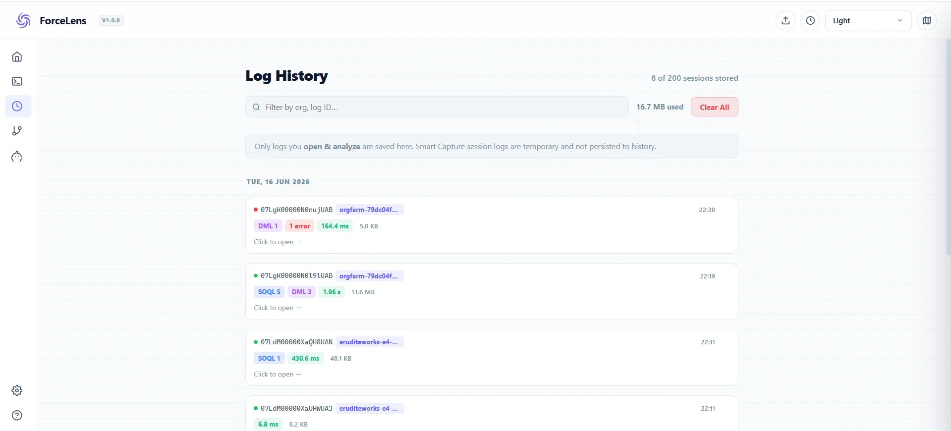 ForceLens Log History: locally stored sessions