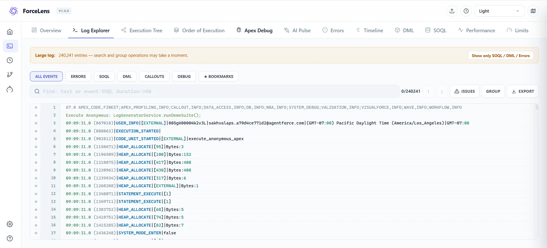 ForceLens Log Explorer view of a parsed Salesforce Apex debug log